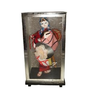 Japanese Figure Doll Inside Etched Translucent Glass or Plexiglass Box